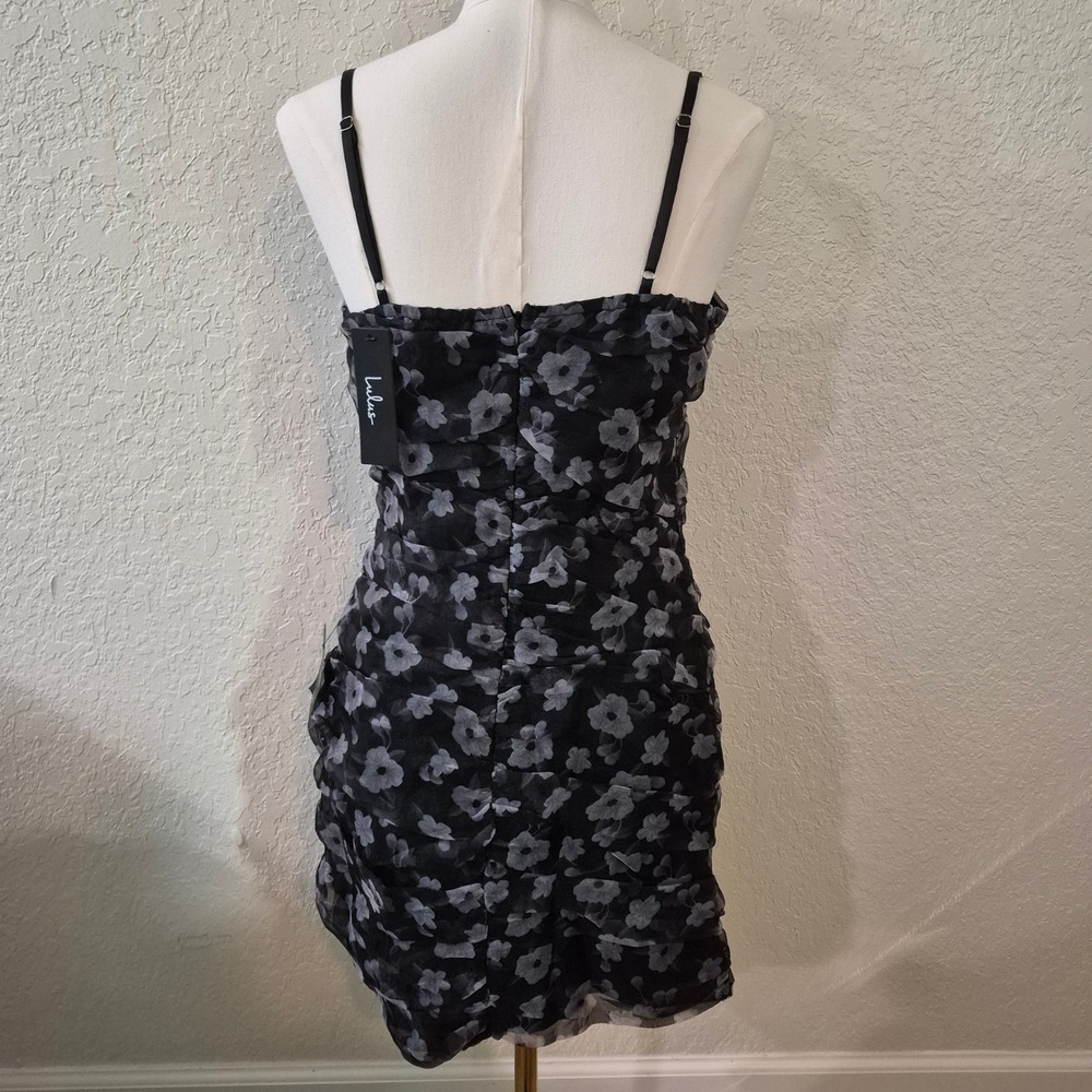 Lulus Floral Mesh Ruched Bodycon Mini Dress NWT M Black Gray Party Night Out - Picture 4 of 10